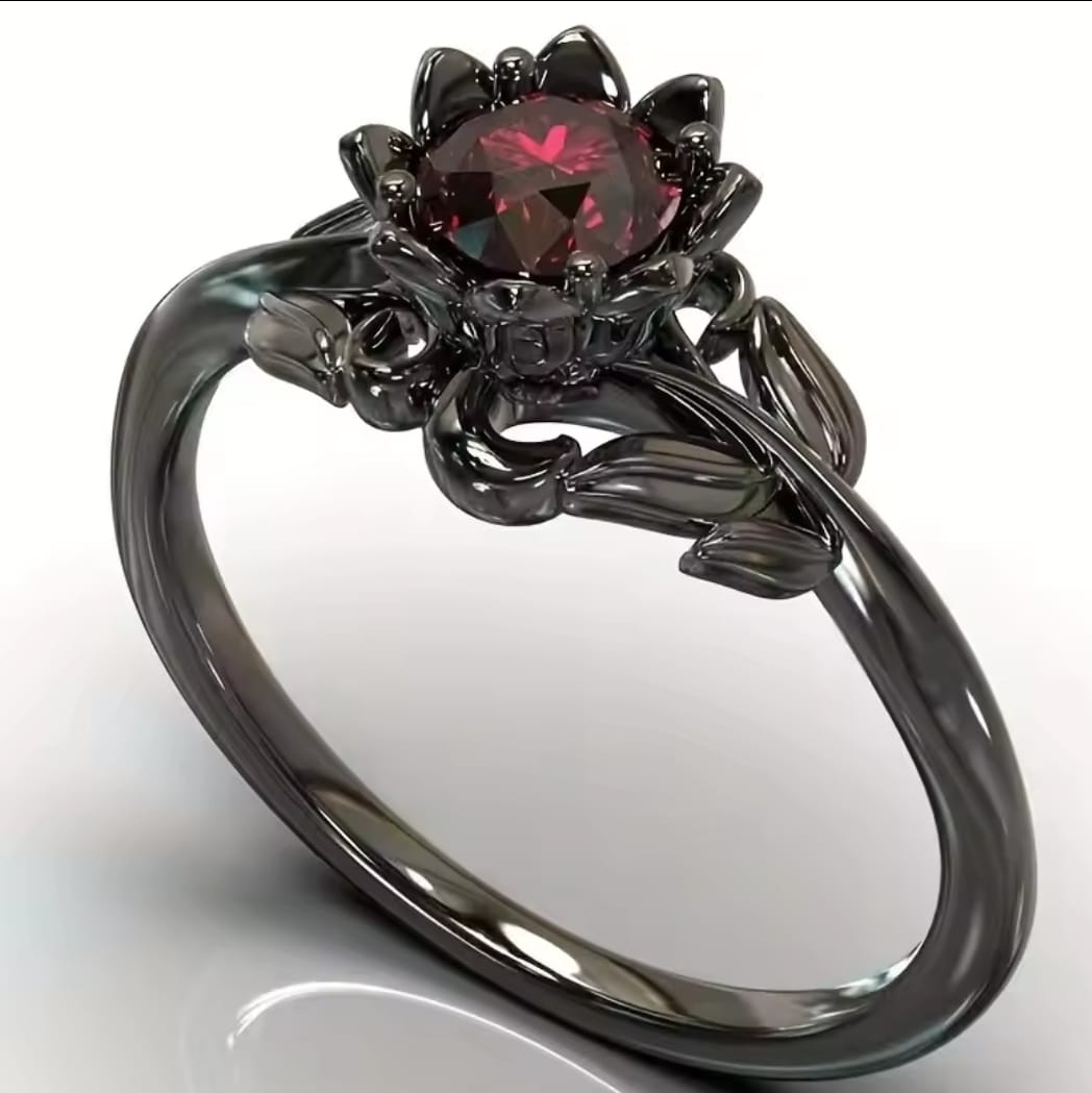 Anillo Negro Floral con Piedra Rosa