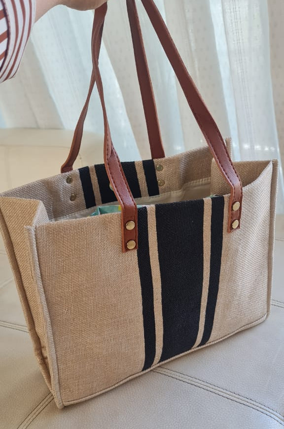Bolso Tote de Yute con Rayas Negras